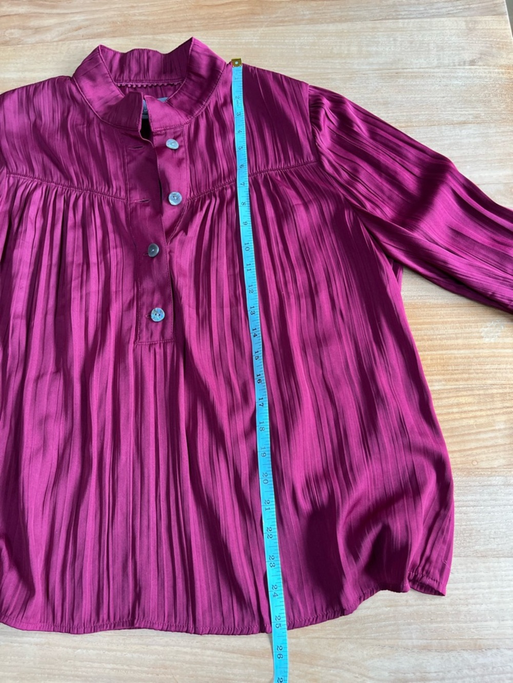 Anthropologie Pleated Button-Front Satin Blouse in Berry Red - Medium - Picture 6 of 6
